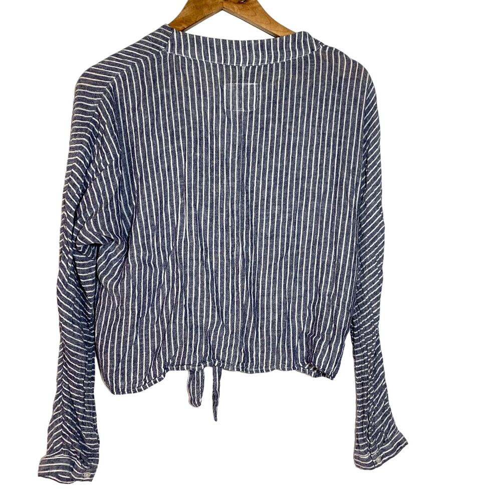 Rails Sloan Linen Blend Striped Tie Waist Crop Long Sleeve Top Blue White Medium - Picture 4 of 11